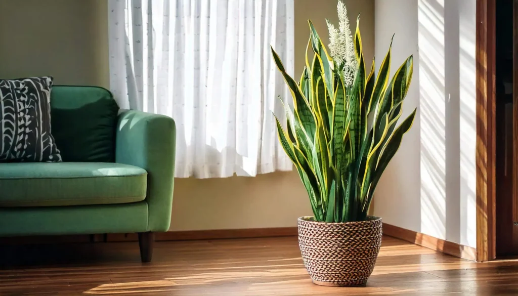 Snake plant with tall green leaves and yellow edges in a woven pot, featuring a blooming stalk, placed in a sunlit modern living room.