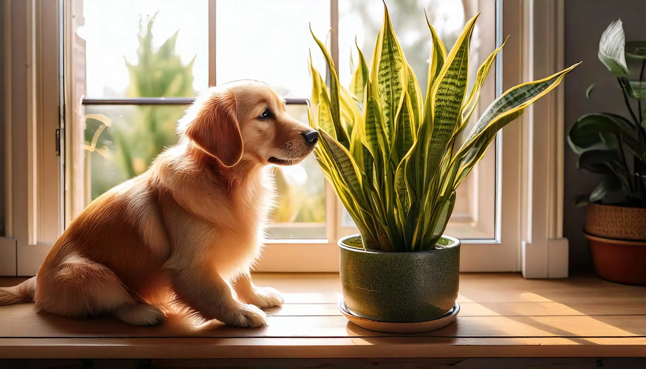 Golden retriever puppy sniffing a potted snake plant near a sunny window; a peaceful indoor scene highlighting nature and pets.