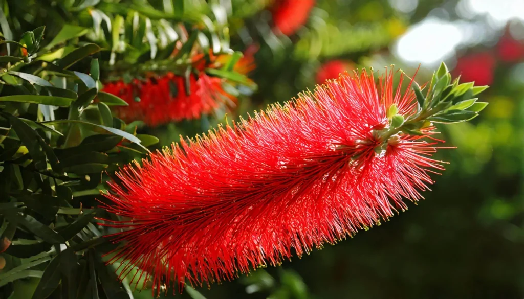 Close-up of a vibrant red Bottlebrush flower with delicate needle-like petals, surrounded by lush green foliage.