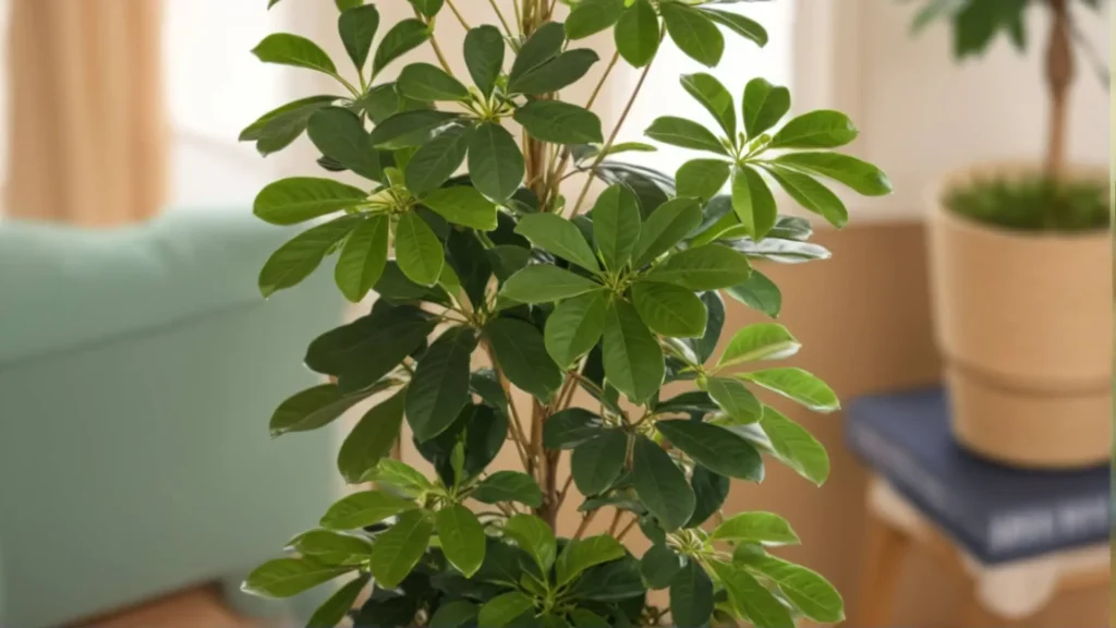 A healthy Dwarf Umbrella Plant with lush, glossy green leaves in an indoor setting, surrounded by neutral decor elements.