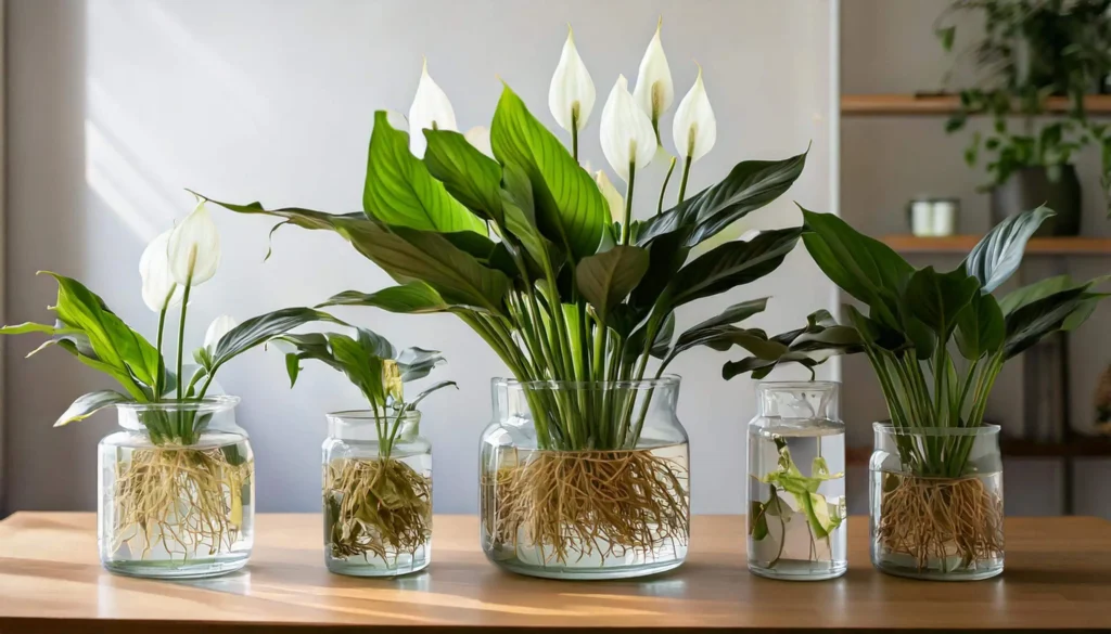 Four Peace Lily plants growing in water inside glass containers, showcasing different growth stages and root structures.