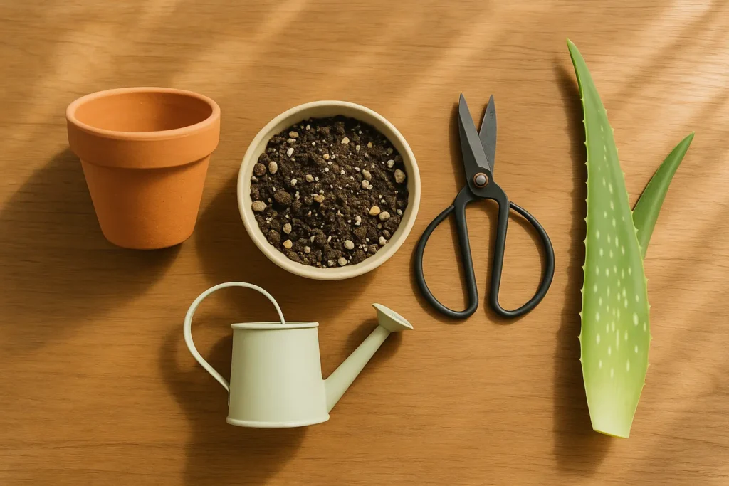 Flat lay of aloe vera gardening tools on a wooden table, including pot, soil, scissors, watering can, and aloe leaf.