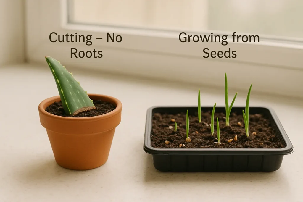 Aloe vera propagation side-by-side: rootless cutting in soil and seed sprouts in tray, showing how to grow aloe vera at home without roots.