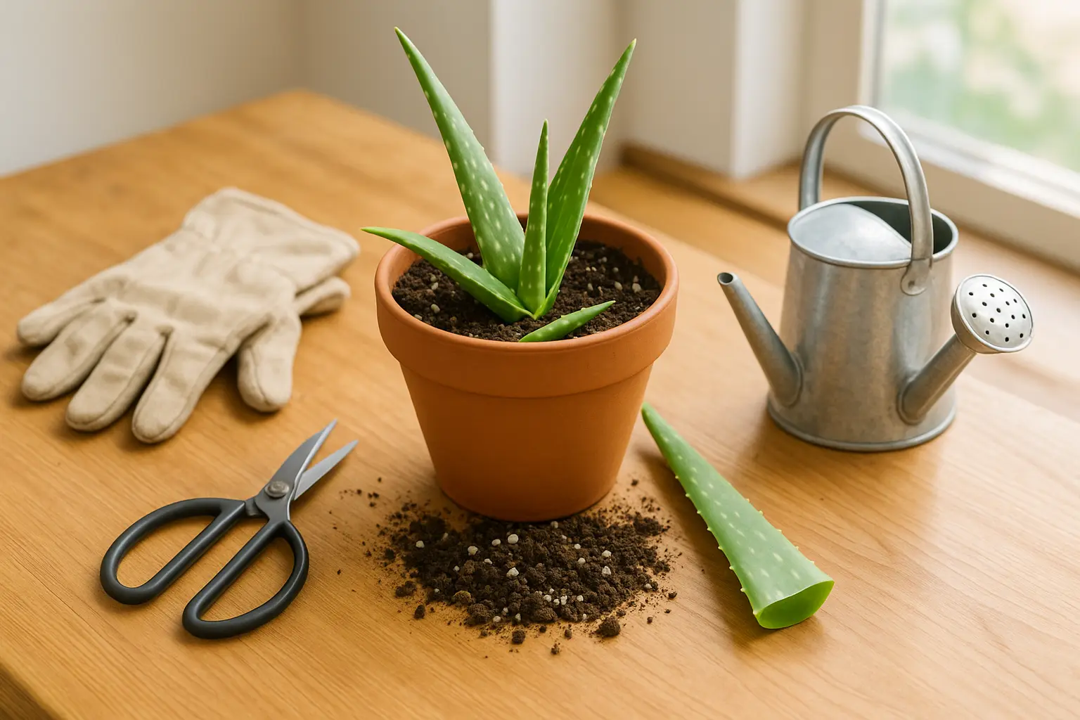 Realistic flat lay showing how to grow aloe vera with pot, soil, aloe plant, scissors, gloves, and watering can on wooden table.