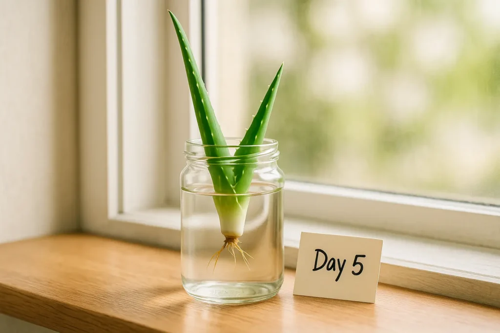 Aloe vera leaf in a clear jar of water on a sunny windowsill, with roots forming and a small label marked "Day 5" beside the jar.