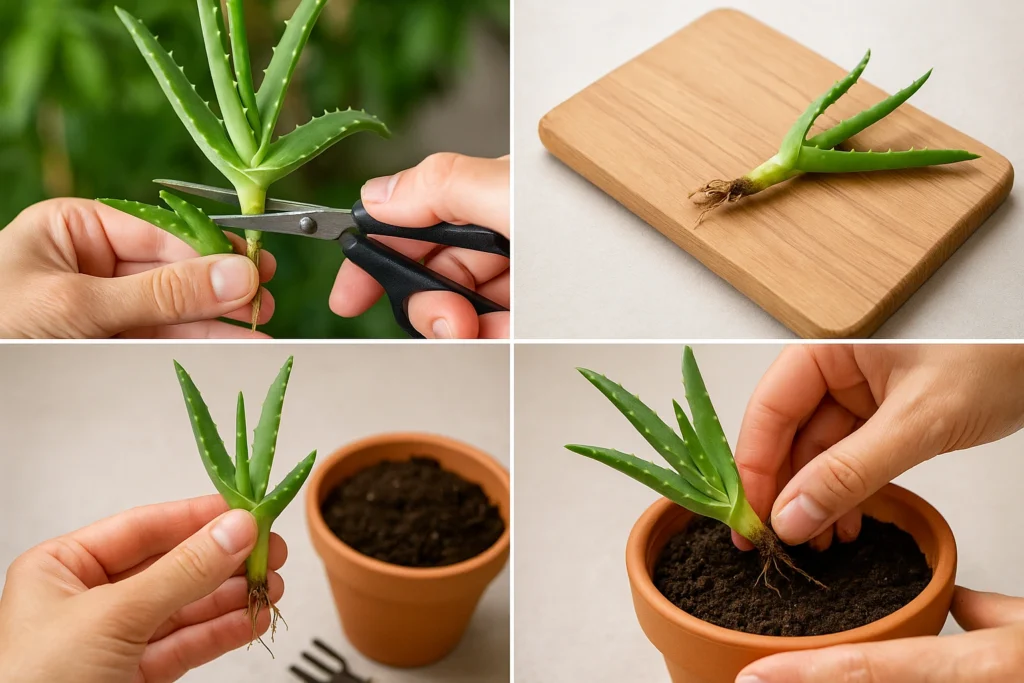 Step-by-step guide showing how to propagate aloe vera using a pup, scissors, and pot on a wooden surface with close-up shots.