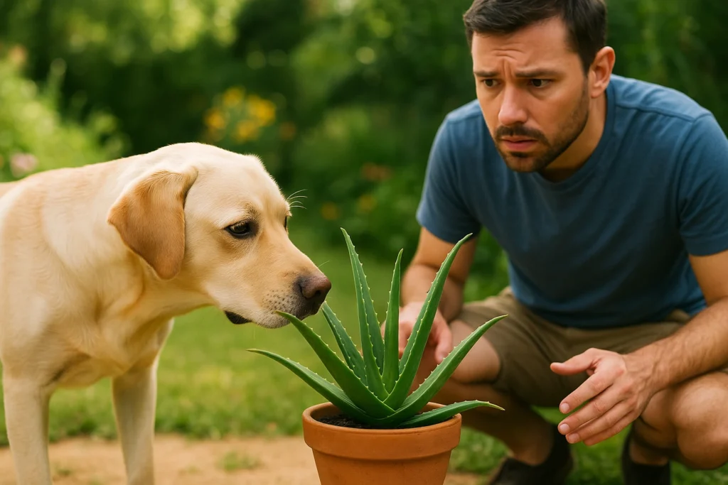 Dog sniffing aloe vera plant in a garden with a concerned man nearby, highlighting pet safety around aloe vera.
