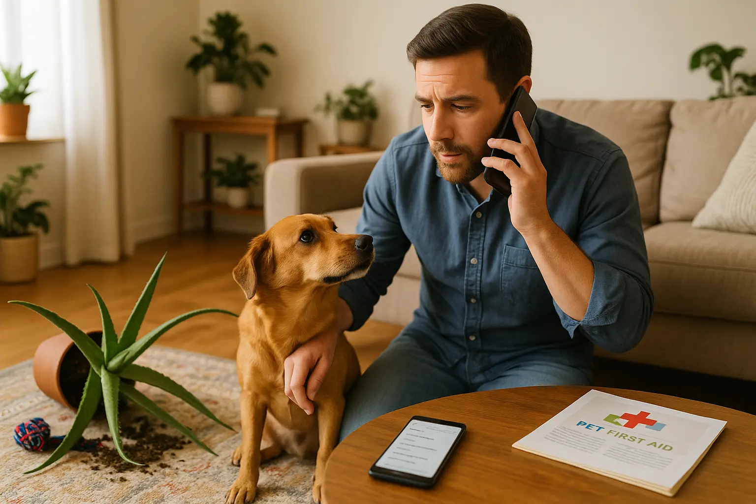 Man calls vet while comforting dog near aloe vera plant—is aloe vera toxic to dogs?