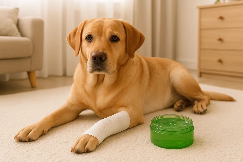 Golden retriever with a bandaged paw lying on a carpet beside an open jar of aloe vera gel in a cozy home setting.