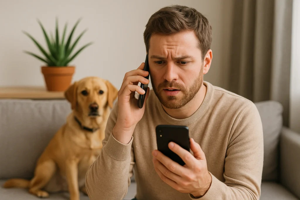 Worried man calling vet with his dog nearby, aloe vera plant out of reach on shelf, raising concern about aloe vera safety for dogs.